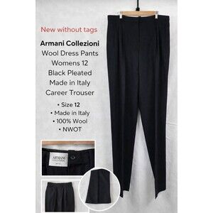 Armani Collezioni Wool Trousers Womens 12 Black Pleated Italian Luxury Career